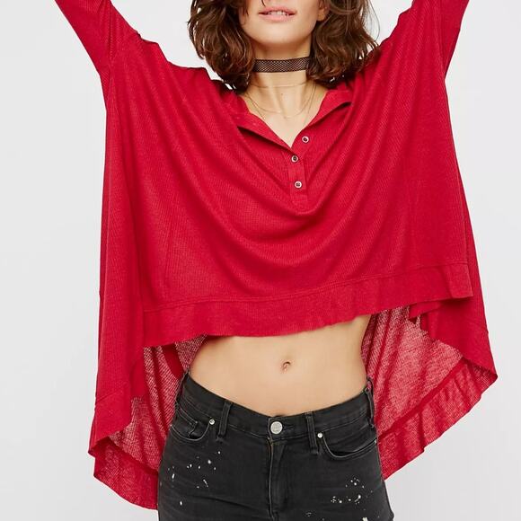 Free People Benedict Henley Strawberry Red Waffle Knit Oversized Hi Low Tunic - Picture 2 of 16